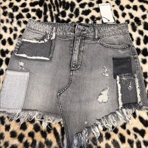 Retrofete Gray Distressed Patchwork Denim Shorts